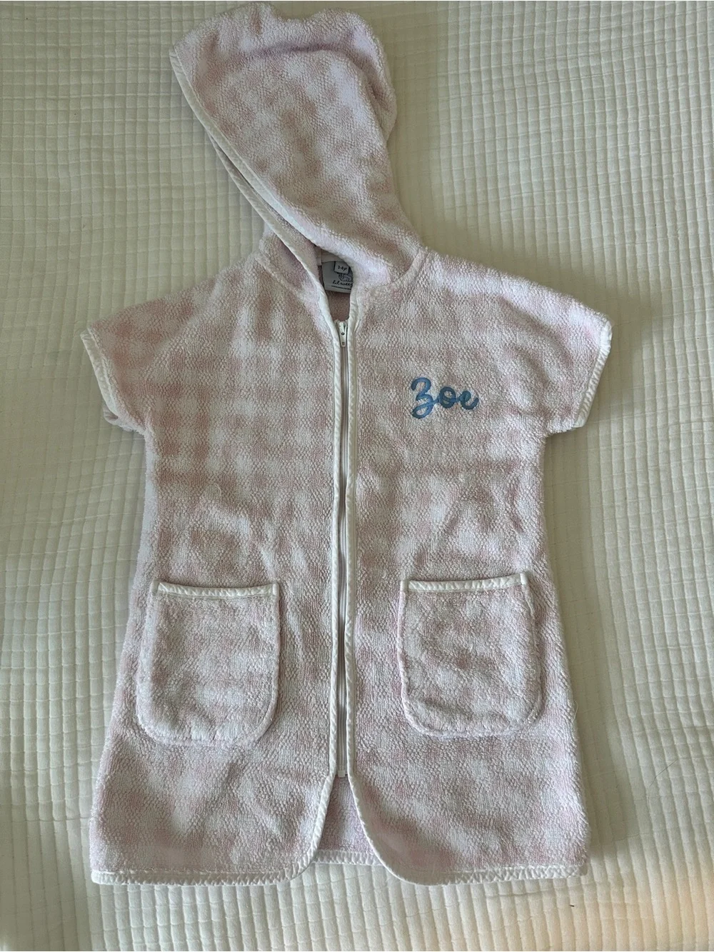 “Zoe” embroidered  Pink Terry Zip robe / Cover-Up